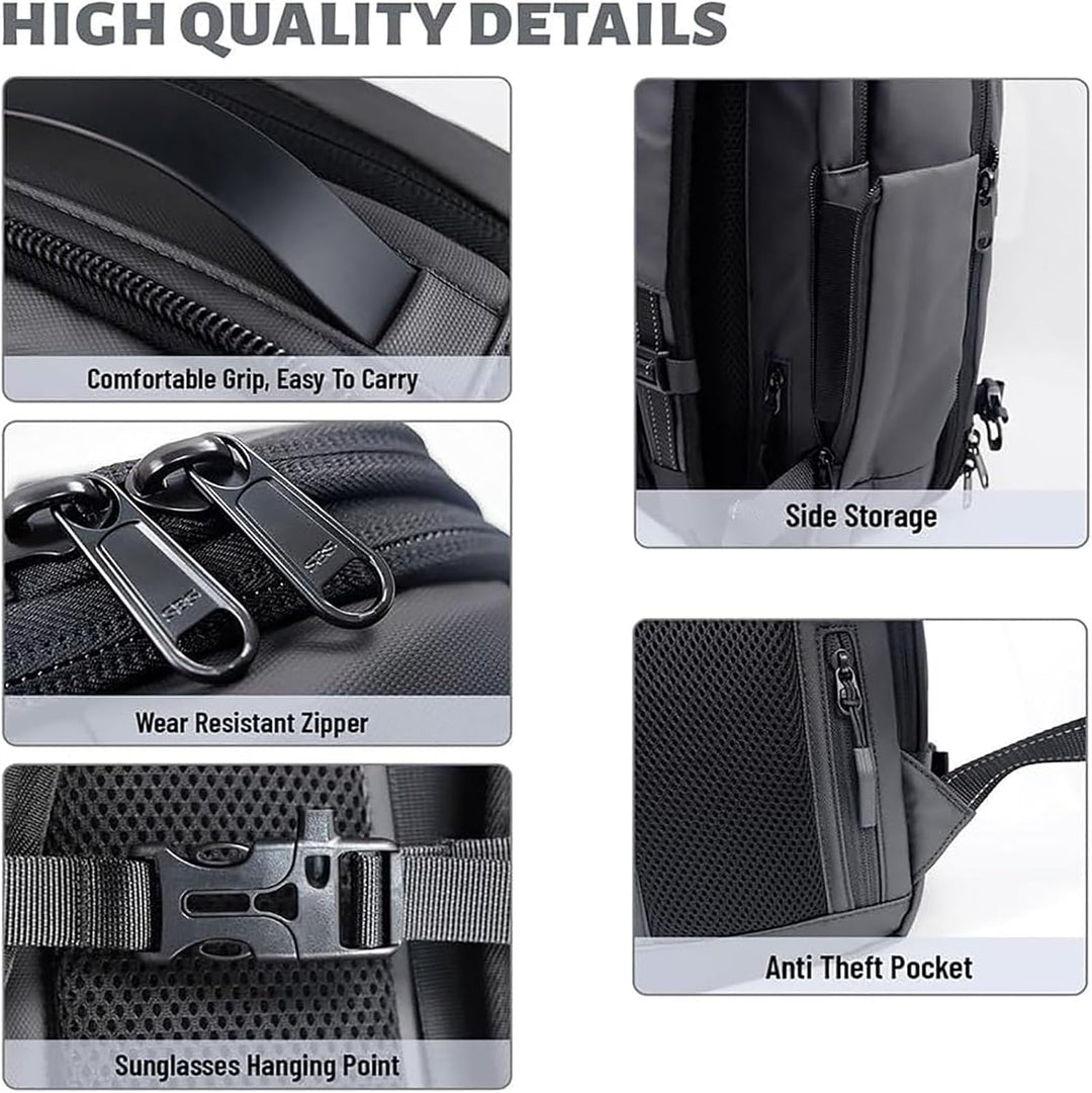 Durable oxford travel backpack, expandable for luggage, with anti-theft lock & wet pocket.