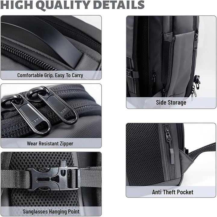 Durable oxford travel backpack, expandable for luggage, with anti-theft lock & wet pocket.