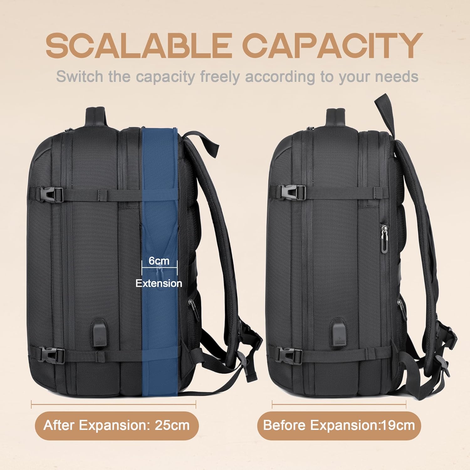 Expandable laptop backpack with USB charging port. Waterproof commuter bag, anti-theft design for safe travel.