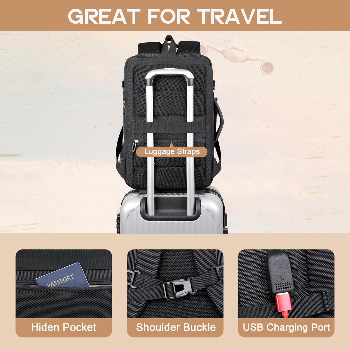 Modern waterproof travel backpack, expandable for extra space. Perfect carry-on luggage with laptop & USB features.