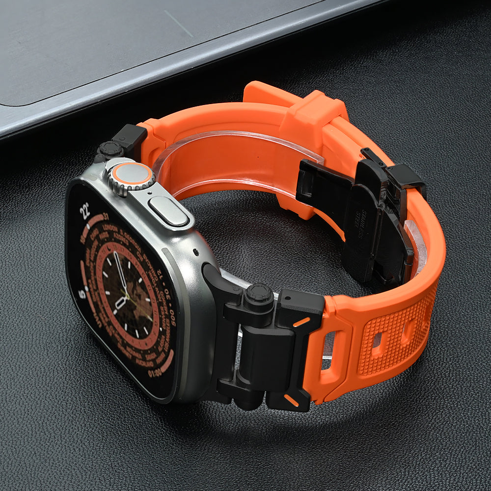Premium hypoallergenic silicone strap for Apple Watch, soft on skin.
