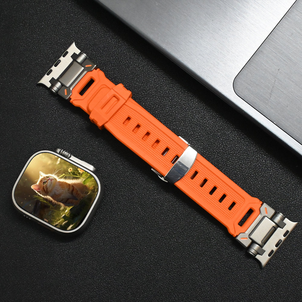 Smooth hypoallergenic silicone strap for Apple Watch, premium feel.