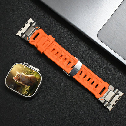 Smooth hypoallergenic silicone strap for Apple Watch, premium feel.