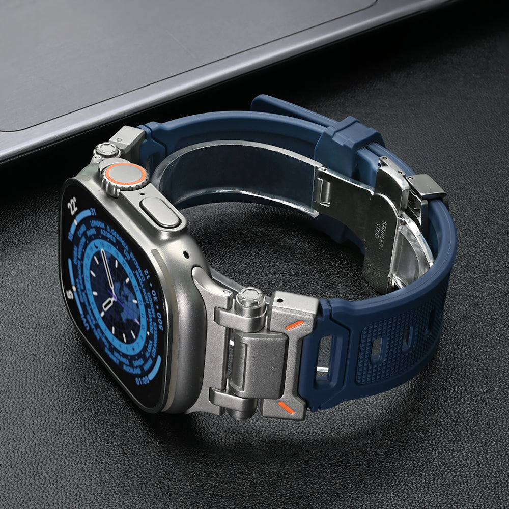 Hypoallergenic Explorer silicone strap for Apple Watch, ensuring comfort all day.
