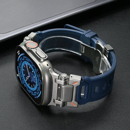 Hypoallergenic Explorer silicone strap for Apple Watch, ensuring comfort all day.