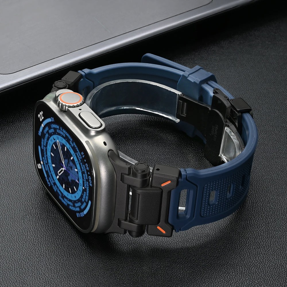 Sporty unisex silicone band for Apple Watch, ideal for outdoor adventures.