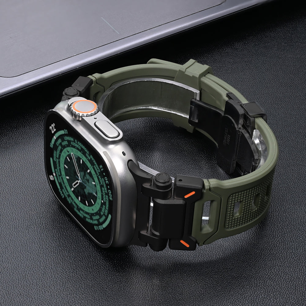 Outdoor-ready silicone strap for Apple Watch, designed for robustness.