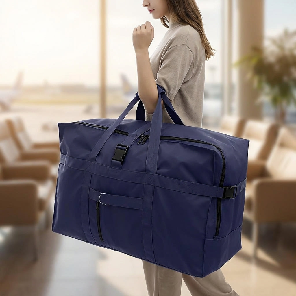 Unisex extra-large foldable travel duffel bag, FlexHaul, shown fully open for spacious storage.