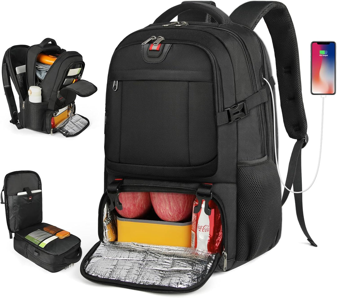Unisex extra-large travel backpack with USB charging port & insulated compartment for drinks.