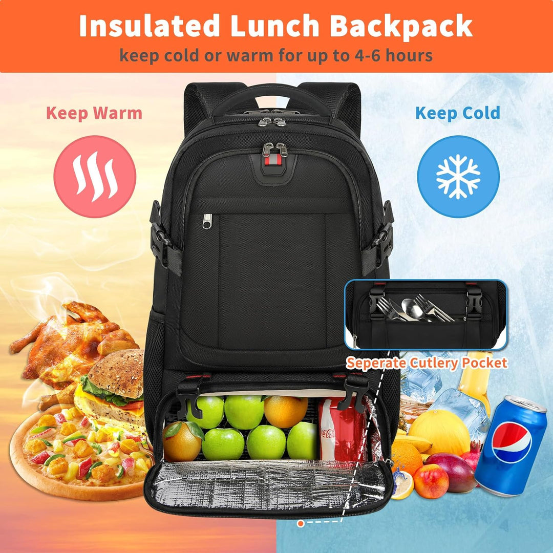 Spacious unisex travel backpack, ideal for long trips, with USB port & insulated food storage.