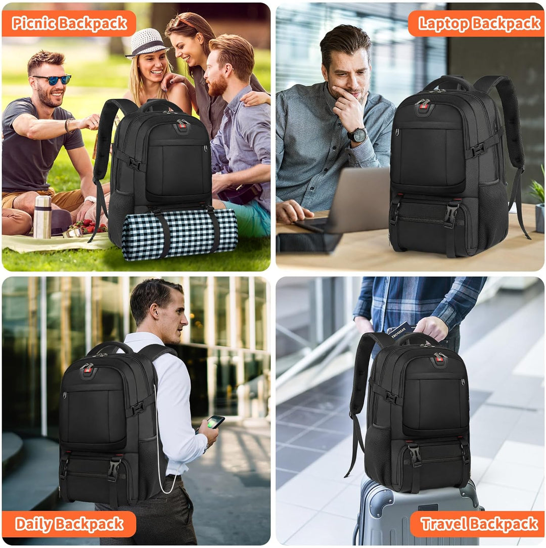 Adventure-ready extra-large travel backpack, unisex, with USB & insulated section for gear.