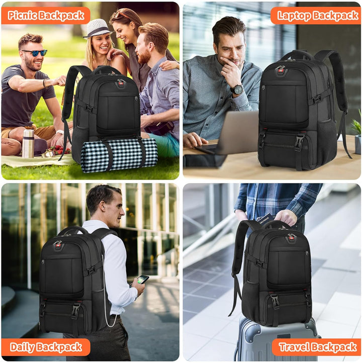 Adventure-ready extra-large travel backpack, unisex, with USB & insulated section for gear.