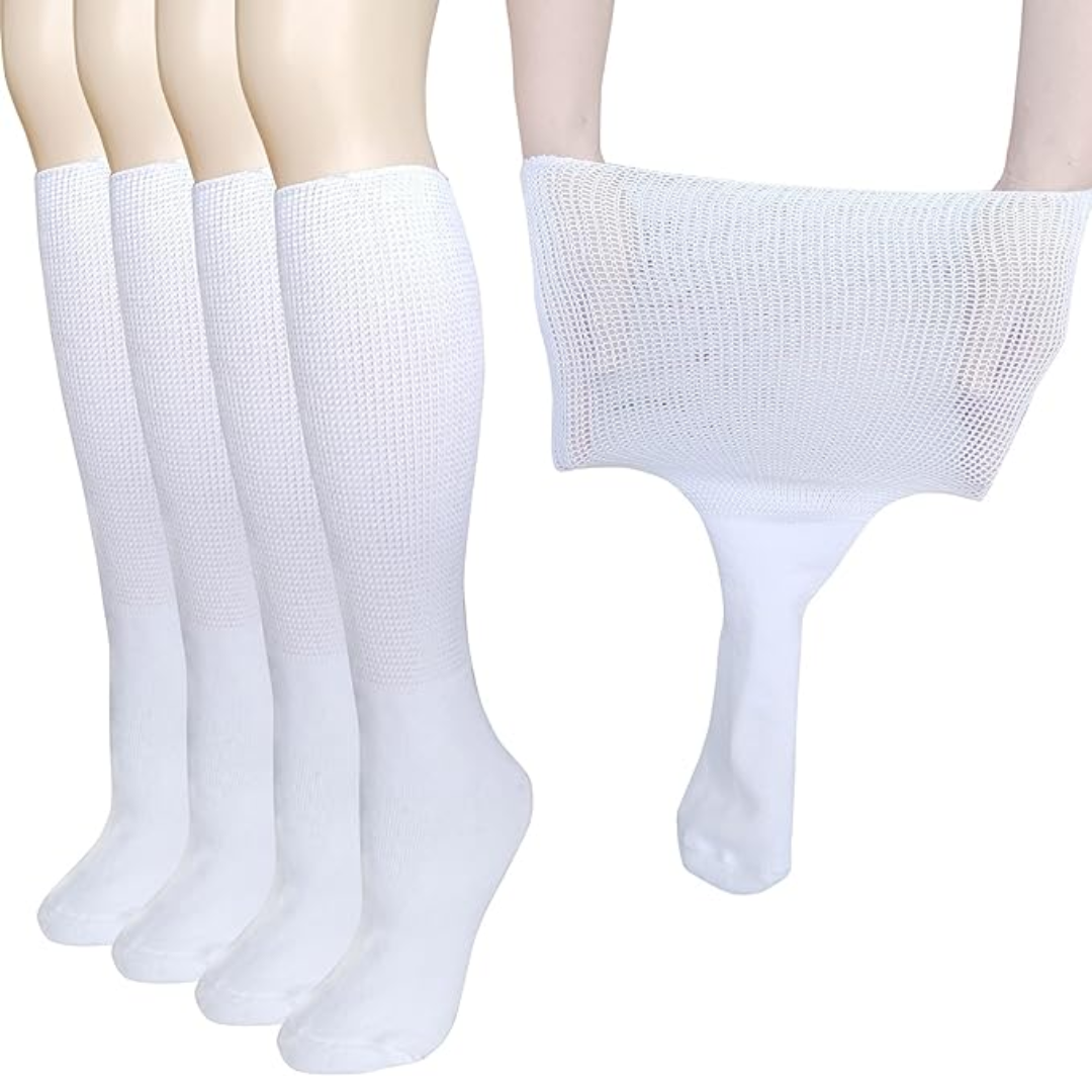 Unisex extra wide diabetic & lymphedema socks. Comfort for swollen feet & legs, knee high circulation support. 2 pairs.