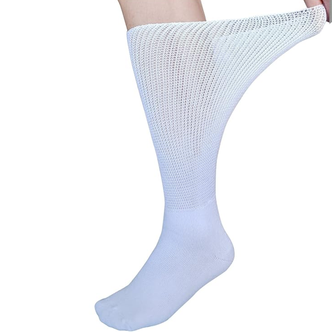 Comfortable extra wide socks for swollen feet, lymphedema, and diabetes. Knee-high daily wear circulation support.