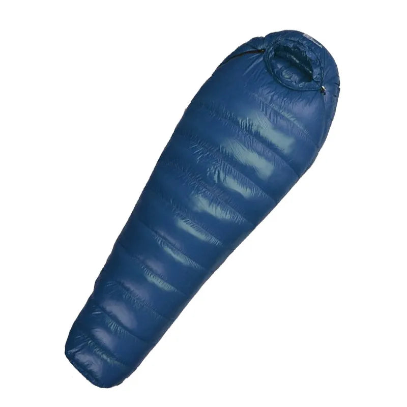 Unisex down mummy sleeping bag in bright camping light, emphasizing its durable and visible design for outdoor adventures