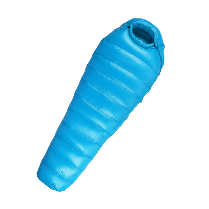 Side profile of the Unisex Extreme Weather Down Mummy Sleeping Bag, illustrating its ergonomic mummy shape for warmth