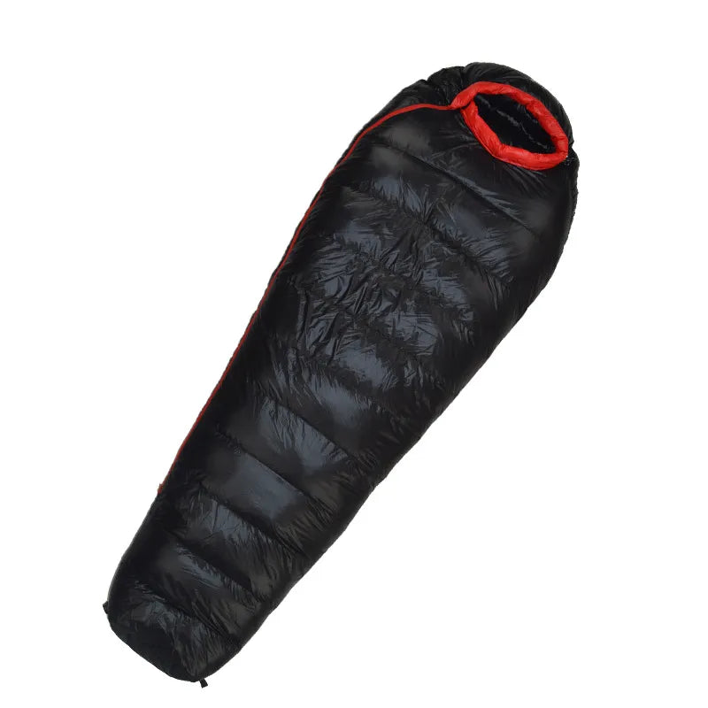 Unisex extreme weather down sleeping bag in a tent, showing its perfect fit for various camping shelter setups and outdoor gear