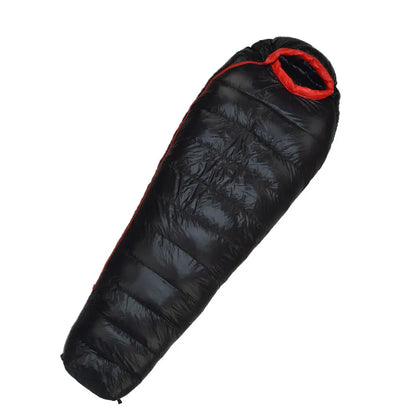 Unisex extreme weather down sleeping bag in a tent, showing its perfect fit for various camping shelter setups and outdoor gear