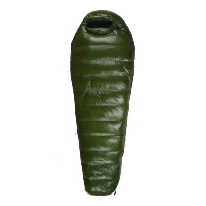 Someone zipping up the Unisex Extreme Weather Down Mummy Sleeping Bag, demonstrating ease of use in cold weather camping