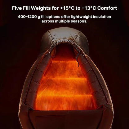 Unisex down mummy sleeping bag in a snowy outdoor setting, showcasing its extreme cold resilience for winter camping