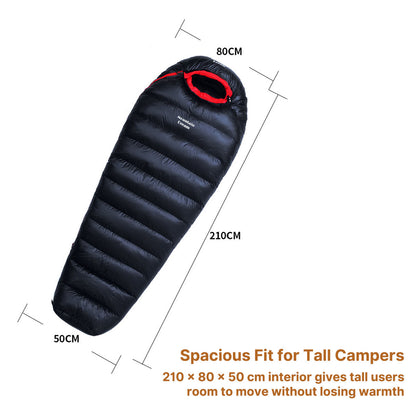 Interior view of the spacious yet insulating Unisex Extreme Weather Down Mummy Sleeping Bag, comfortable for outdoor gear