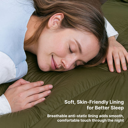 Unisex extreme weatherproof sleeping bag open, displaying its plush down insulation, essential for cold weather camping