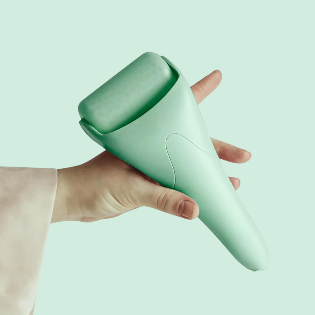 Ergonomic ice roller for face care, reducing redness, swelling, & fine lines.
