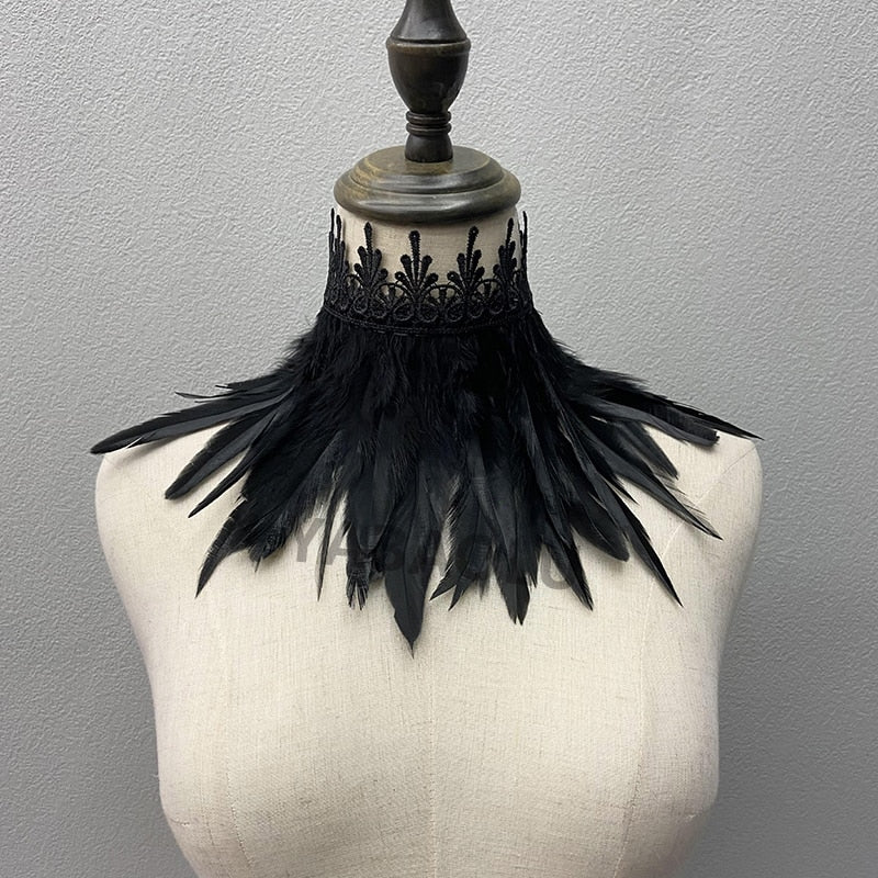Dramatic black faux feather choker, a standout festival accessory for rave outfits & cosplay.