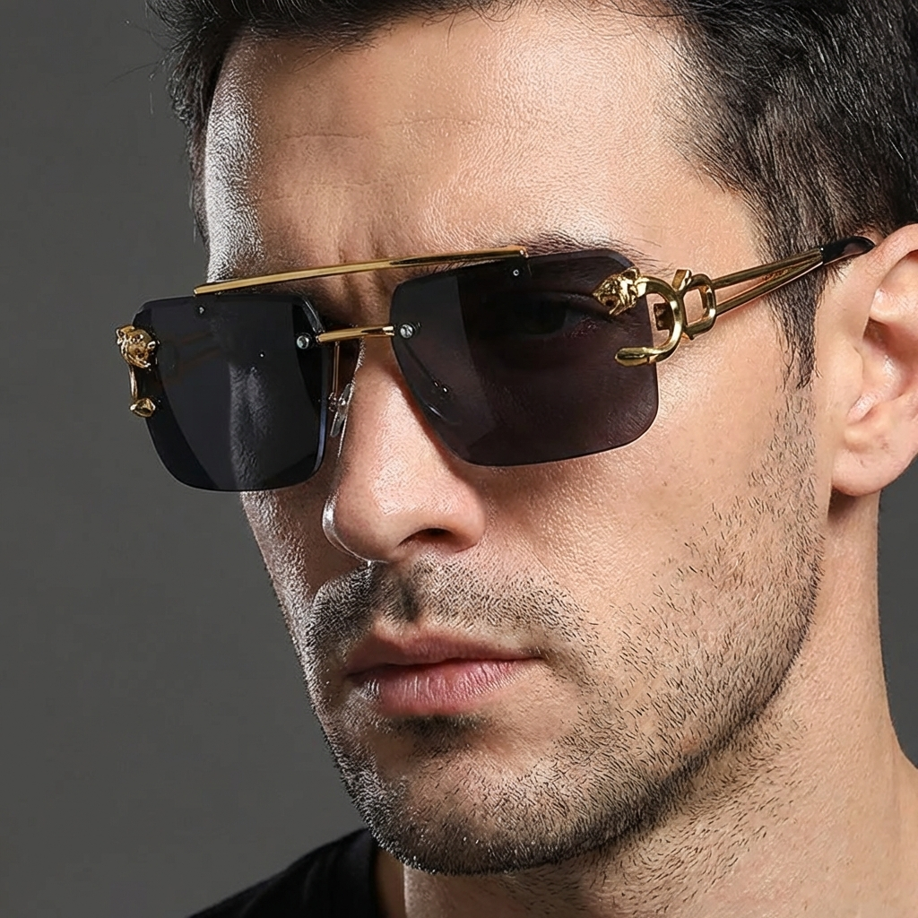 Unisex feather-light UV400 sunglasses, rimless design, polycarbonate lenses for sun protection.