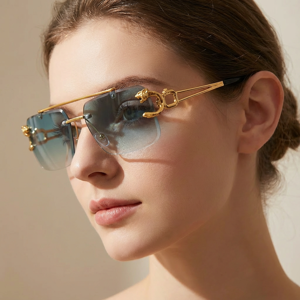 Stylish unisex rimless sunglasses with UV400 protection, perfect lightweight fashion accessory for summer.