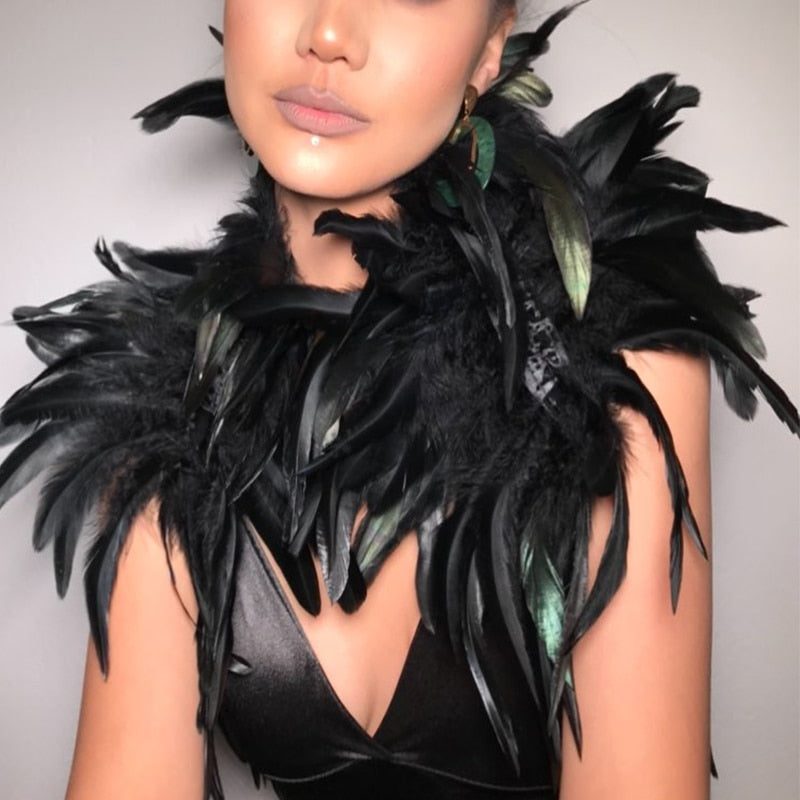 Dramatic feather shoulder accessory, a unique cosplay cape for festivals & evening outfits.