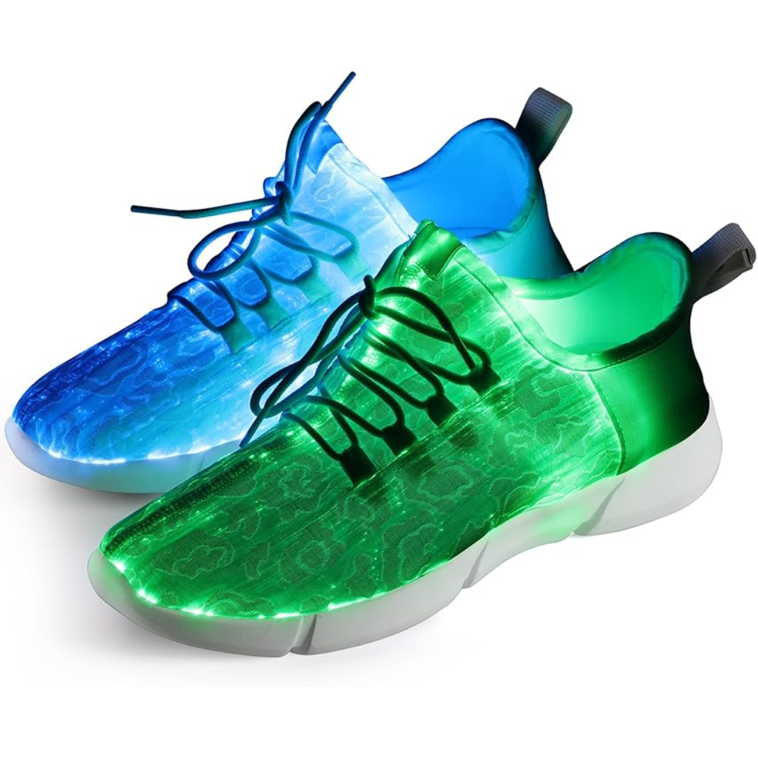 Unisex Flashing LED Fiber Optic Sneakers. Rechargeable light-up shoes perfect for parties, festivals, & nightclubs.