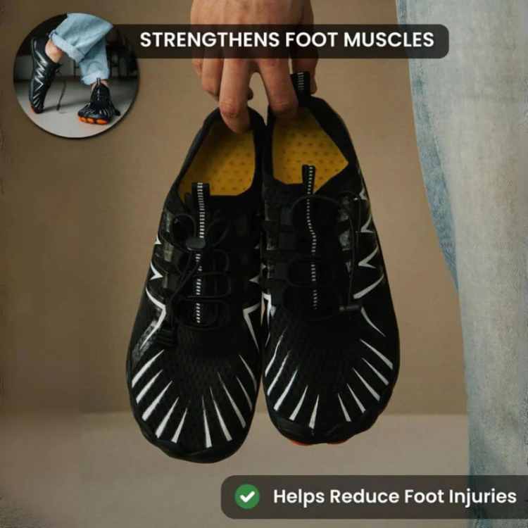 Close-up of black unisex barefoot shoe, showing breathable fabric and flexible sole