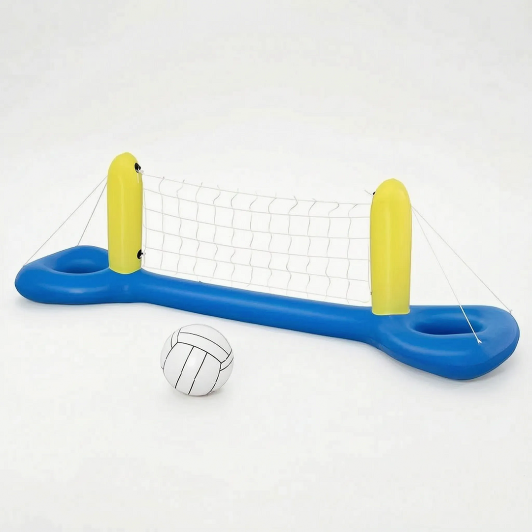 Kids laughing & playing floating water net game in pool. Fun inflatable summer activity for children.
