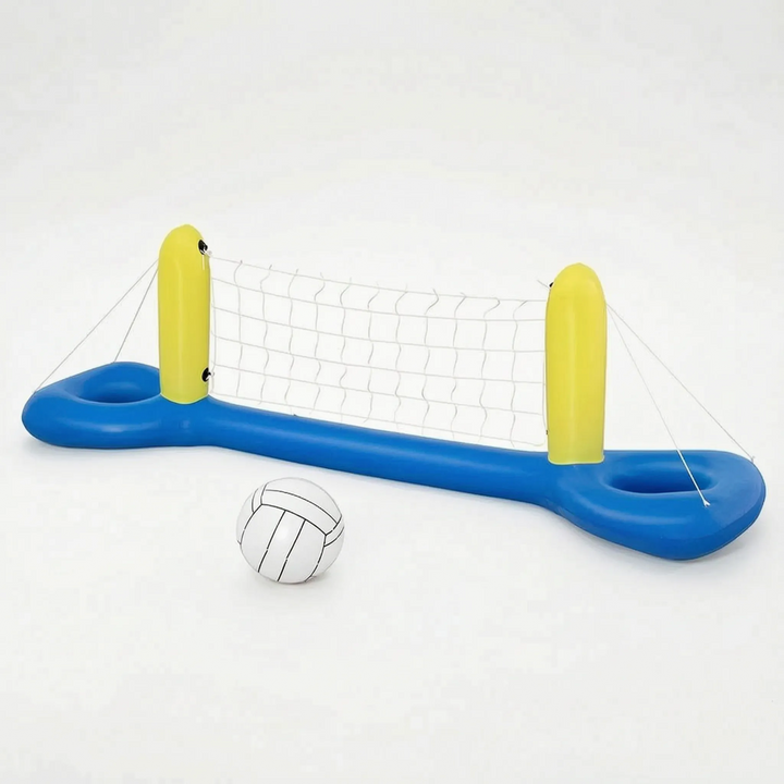 Kids laughing & playing floating water net game in pool. Fun inflatable summer activity for children.