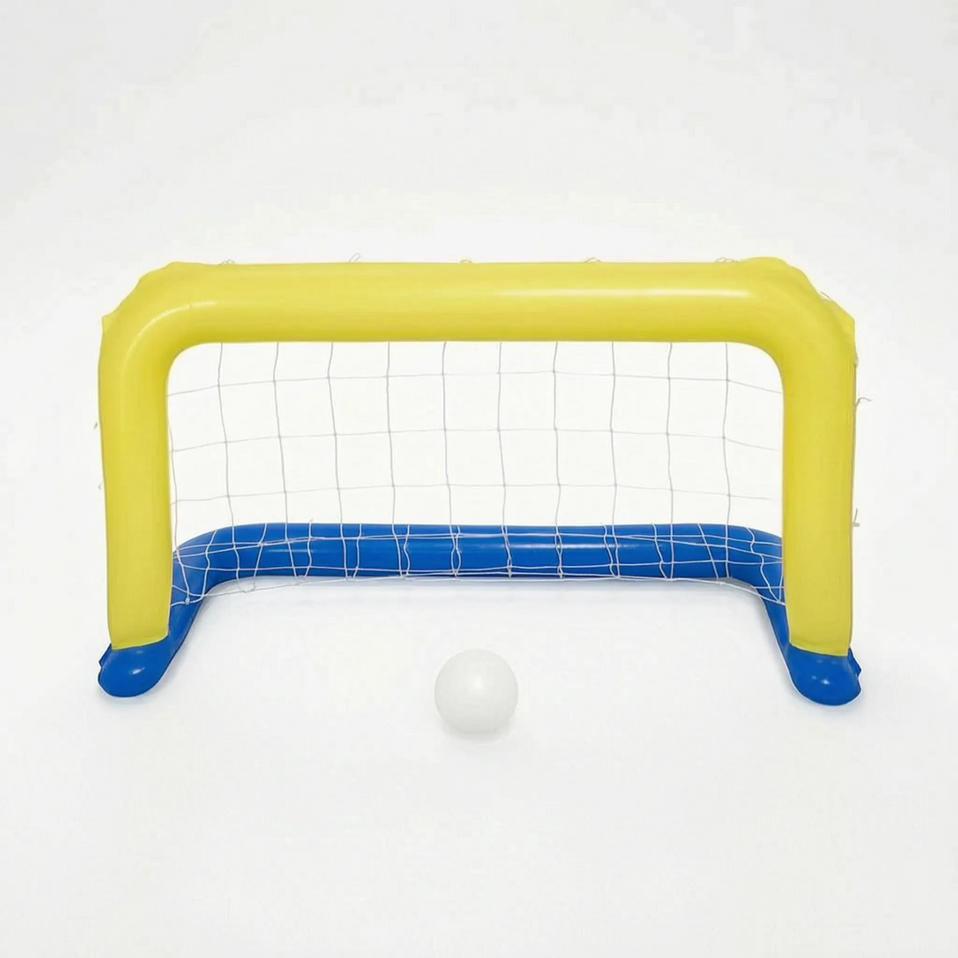 Unisex floating water net game set up in swimming pool. Ideal inflatable toy for outdoor summer play.