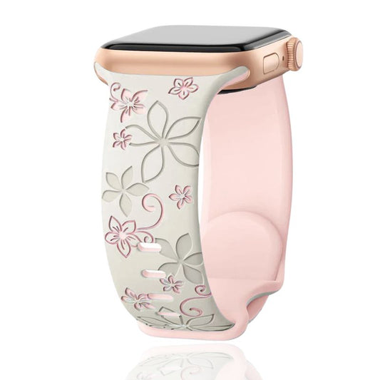 Unisex floral engraved silicone smartwatch band. Comfortable, water-resistant, and stylish watch strap accessory.
