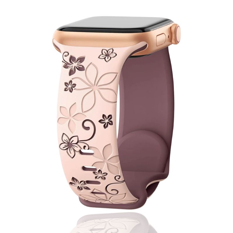 Durable, water-resistant silicone smartwatch band with elegant floral engraving, perfect for active lifestyles.