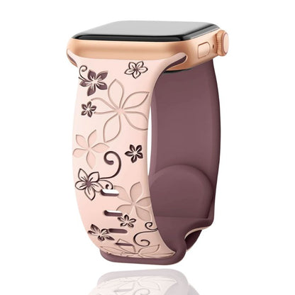 Durable, water-resistant silicone smartwatch band with elegant floral engraving, perfect for active lifestyles.
