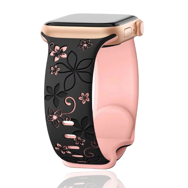Stylish unisex smartwatch band featuring a delicate floral engraved pattern on flexible, comfortable silicone.