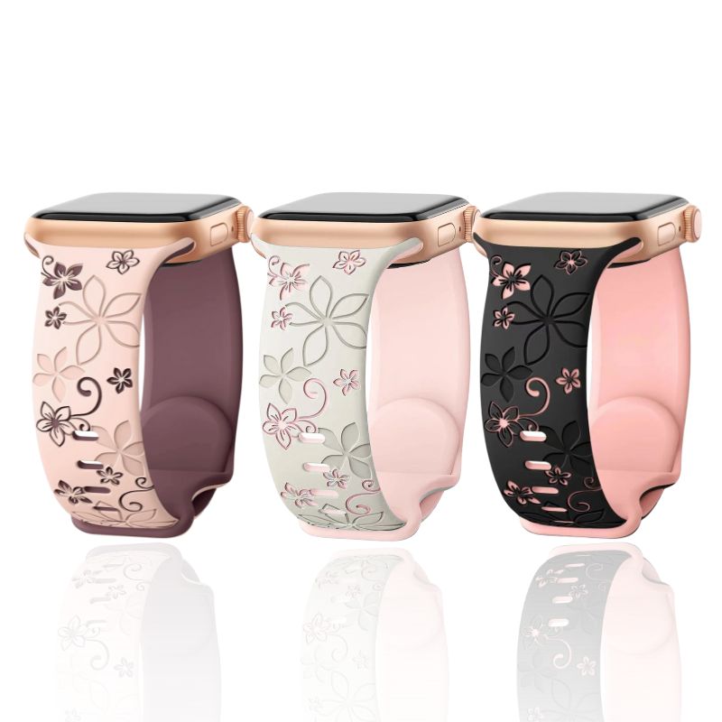 Elegant and durable unisex floral engraved silicone smartwatch band, offering comfort and a secure fit.