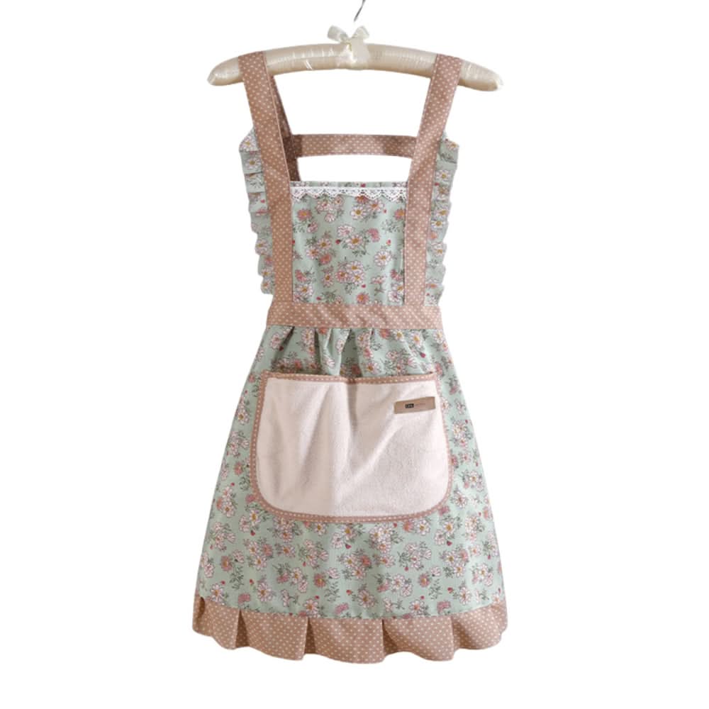 Green floral cooking apron, unisex, stylish & adjustable for all kitchen tasks.