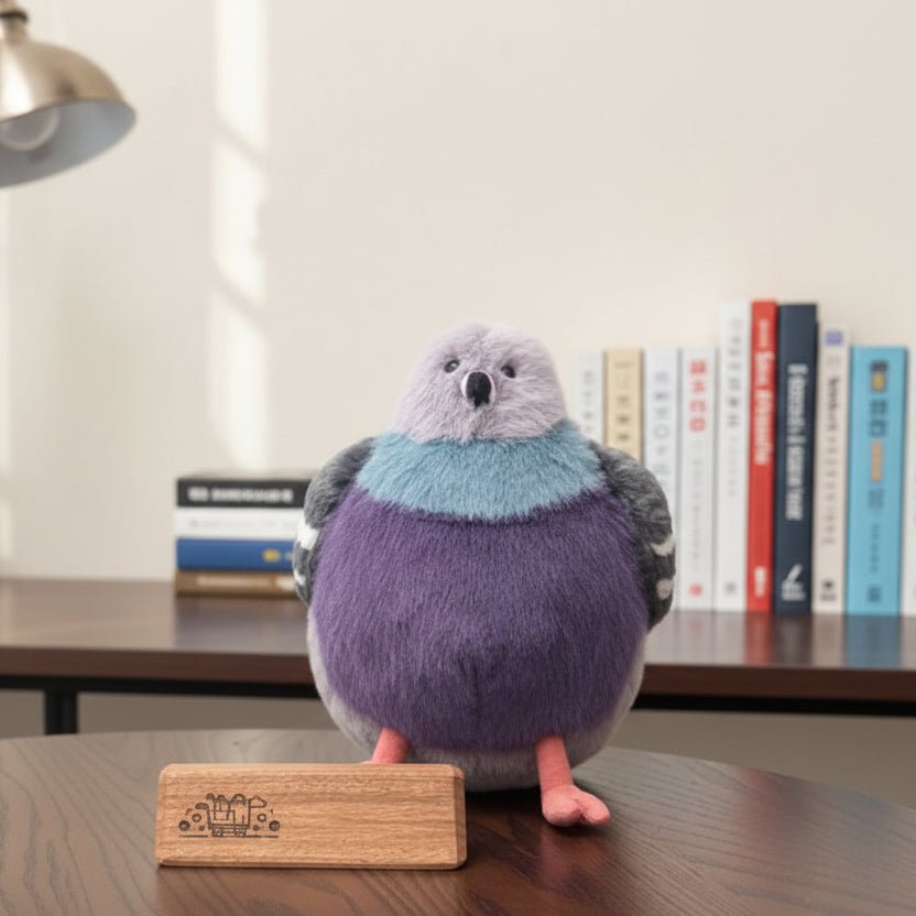Full body view of the charming fluffy pigeon plush toy, a soft unisex stuffed animal, perfect for play and comfort.