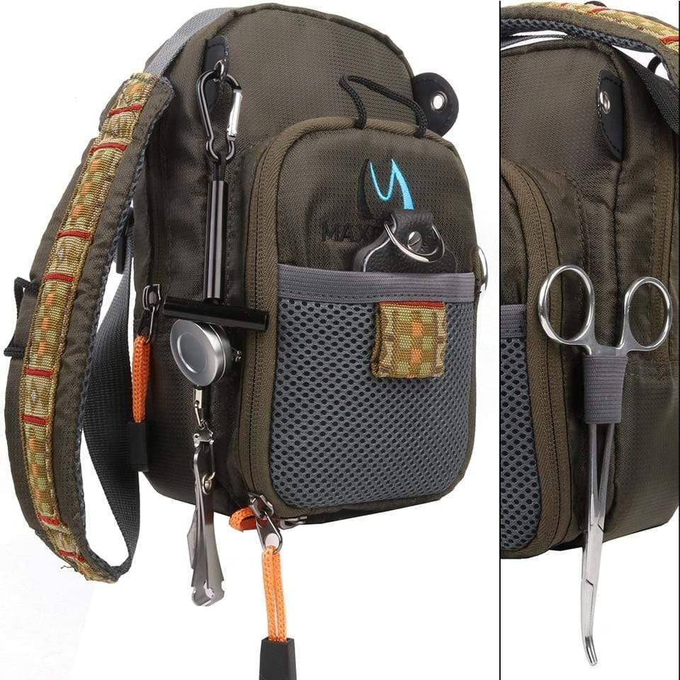 Unisex fly fishing bag with complete tool kit, durable angler gear for outdoor adventures.