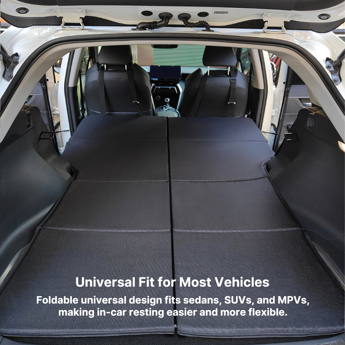 Foldable car mattress for travel and camping, featuring a comfortable sleeping surface for extended trips.