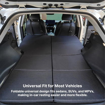 Foldable car mattress for travel and camping, featuring a comfortable sleeping surface for extended trips.