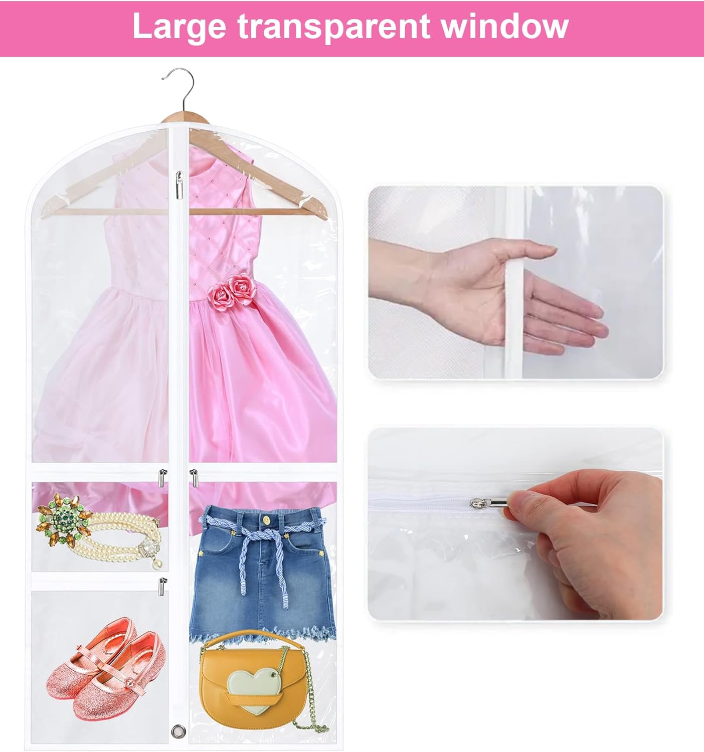White foldable garment protector bags for dance costumes & clothing, with convenient zip pockets, 5-count.