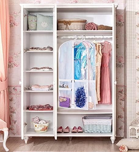 5-pack wardrobe storage bags for dance garments, white, foldable, with secure zipped accessory pockets.