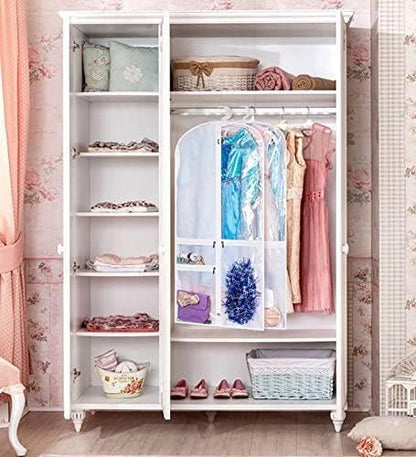 5-pack wardrobe storage bags for dance garments, white, foldable, with secure zipped accessory pockets.