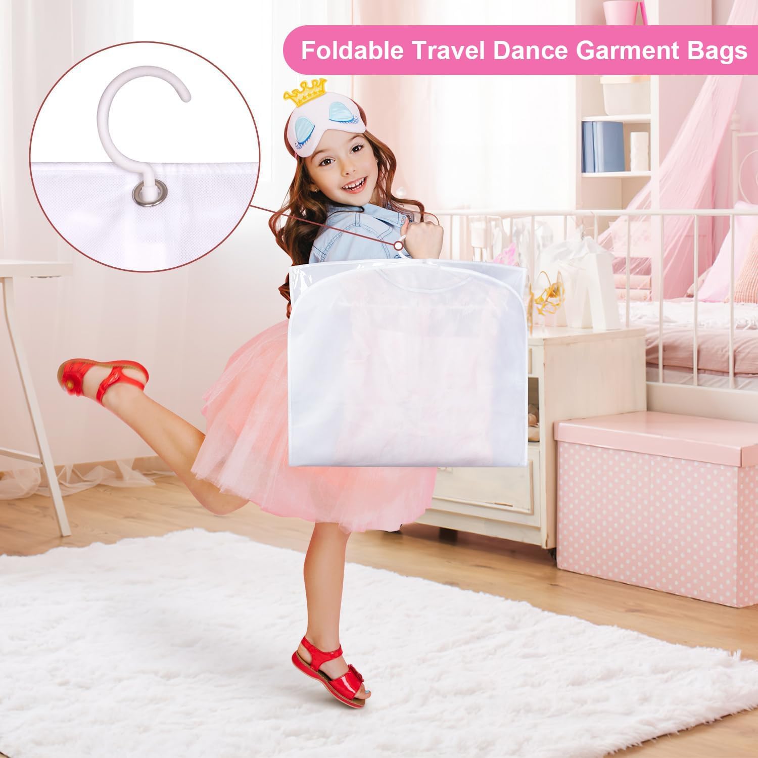 Foldable white garment bags, 5-pack, for dance costumes & clothing, with secure zip pockets; ideal for travel.